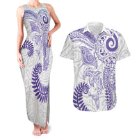 Aotearoa Maori Sea Animals Tribal Couples Matching Tank Maxi Dress and Hawaiian Shirt Manta Ray and Shark Moko Pattern Purple Color