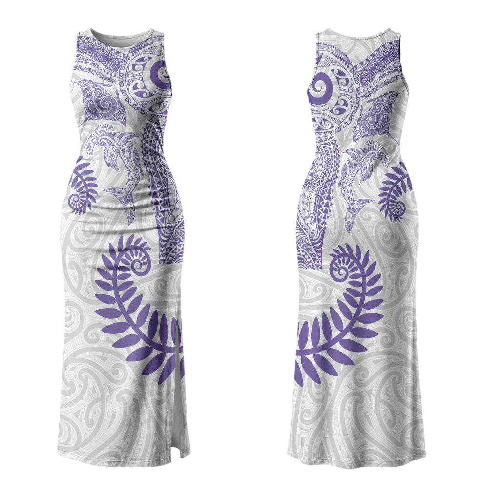 Aotearoa Maori Sea Animals Tribal Couples Matching Tank Maxi Dress and Long Sleeve Button Shirt Manta Ray and Shark Moko Pattern Purple Color LT03 - Polynesian Pride