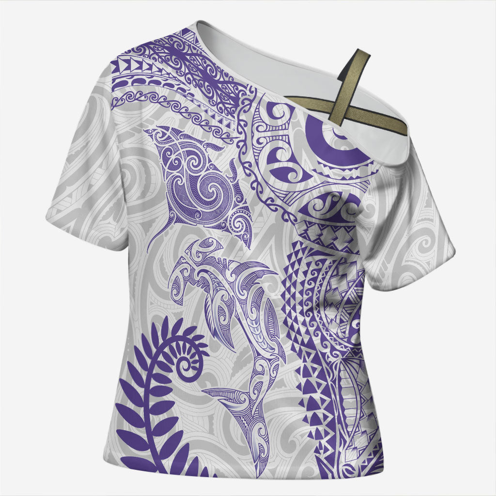 Aotearoa Maori Sea Animals Tribal Cross Shoulder Shirt Manta Ray and Shark Moko Pattern Purple Color LT03 Female Purple - Polynesian Pride