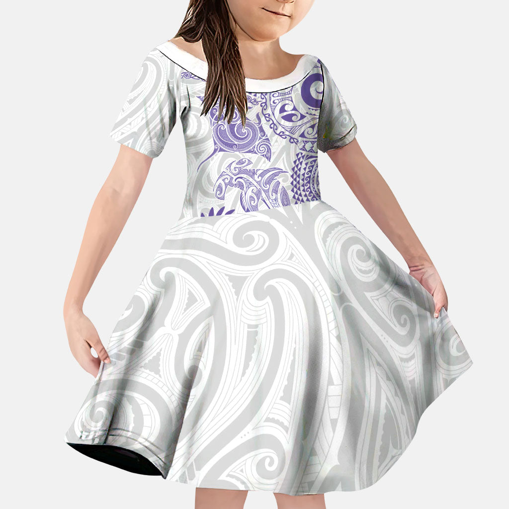 Aotearoa Maori Sea Animals Tribal Family Matching Long Sleeve Bodycon Dress and Hawaiian Shirt Manta Ray and Shark Moko Pattern Purple Color