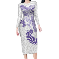 Aotearoa Maori Sea Animals Tribal Family Matching Long Sleeve Bodycon Dress and Hawaiian Shirt Manta Ray and Shark Moko Pattern Purple Color