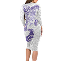 Aotearoa Maori Sea Animals Tribal Family Matching Long Sleeve Bodycon Dress and Hawaiian Shirt Manta Ray and Shark Moko Pattern Purple Color