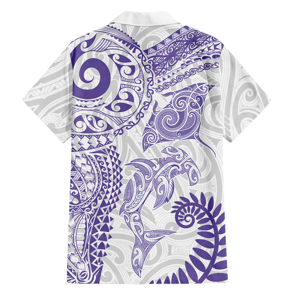 Aotearoa Maori Sea Animals Tribal Family Matching Mermaid Dress and Hawaiian Shirt Manta Ray and Shark Moko Pattern Purple Color