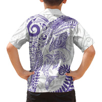 Aotearoa Maori Sea Animals Tribal Family Matching Off The Shoulder Long Sleeve Dress and Hawaiian Shirt Manta Ray and Shark Moko Pattern Purple Color
