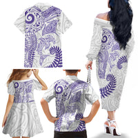 Aotearoa Maori Sea Animals Tribal Family Matching Off The Shoulder Long Sleeve Dress and Hawaiian Shirt Manta Ray and Shark Moko Pattern Purple Color