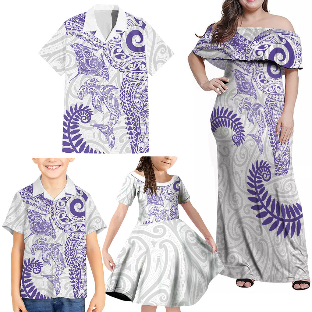 Aotearoa Maori Sea Animals Tribal Family Matching Off Shoulder Maxi Dress and Hawaiian Shirt Manta Ray and Shark Moko Pattern Purple Color LT03 - Polynesian Pride