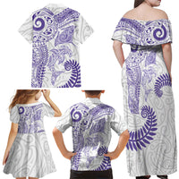 Aotearoa Maori Sea Animals Tribal Family Matching Off Shoulder Maxi Dress and Hawaiian Shirt Manta Ray and Shark Moko Pattern Purple Color