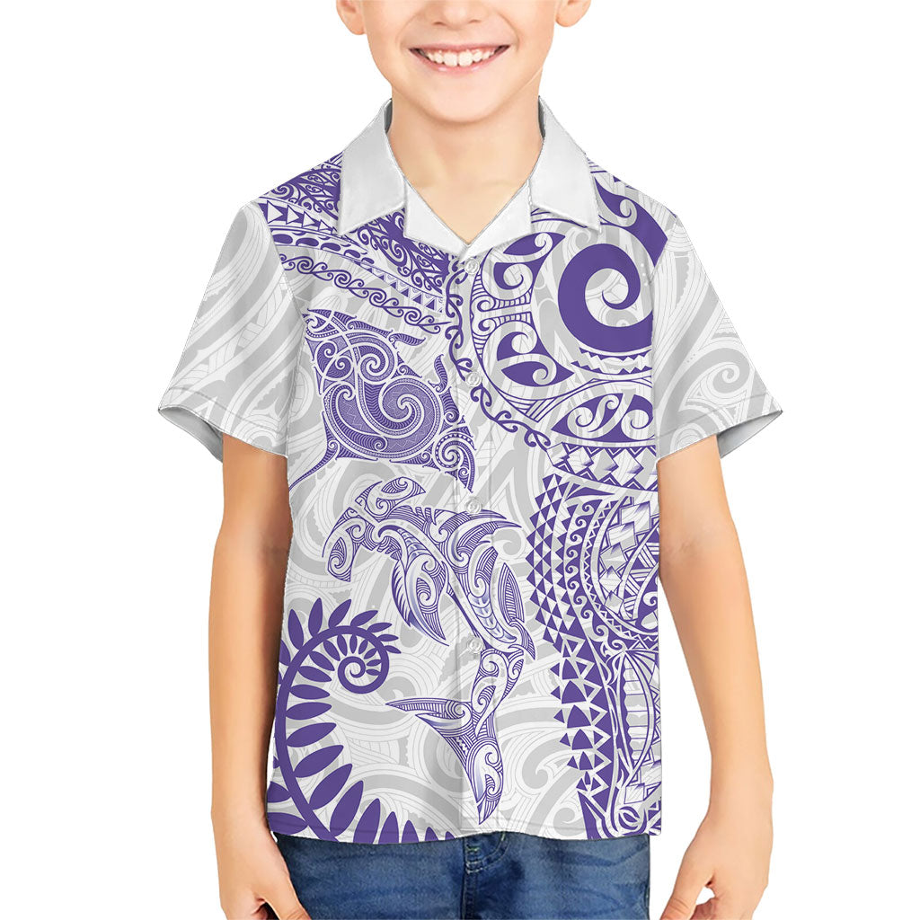 Aotearoa Maori Sea Animals Tribal Family Matching Off Shoulder Maxi Dress and Hawaiian Shirt Manta Ray and Shark Moko Pattern Purple Color