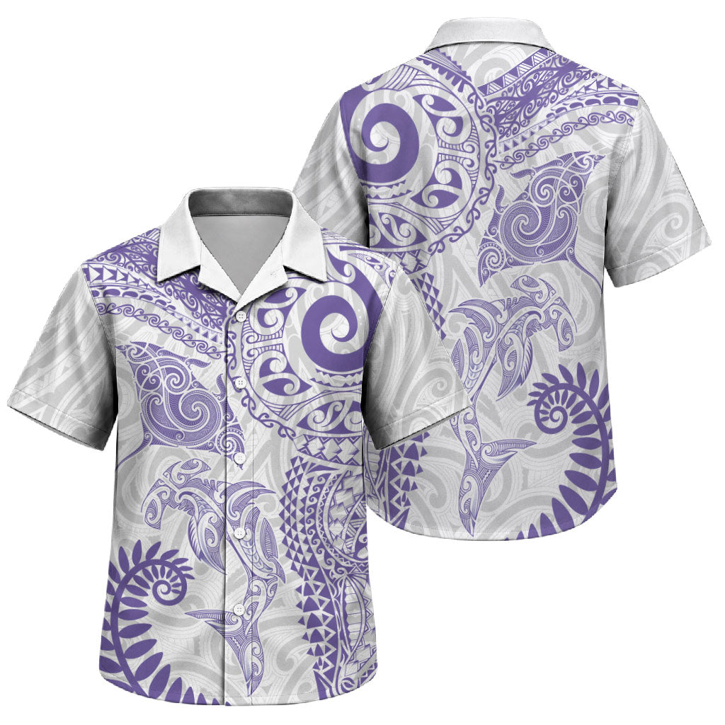 Aotearoa Maori Sea Animals Tribal Family Matching Off Shoulder Short Dress and Hawaiian Shirt Manta Ray and Shark Moko Pattern Purple Color LT03 Son's Shirt Purple - Polynesian Pride