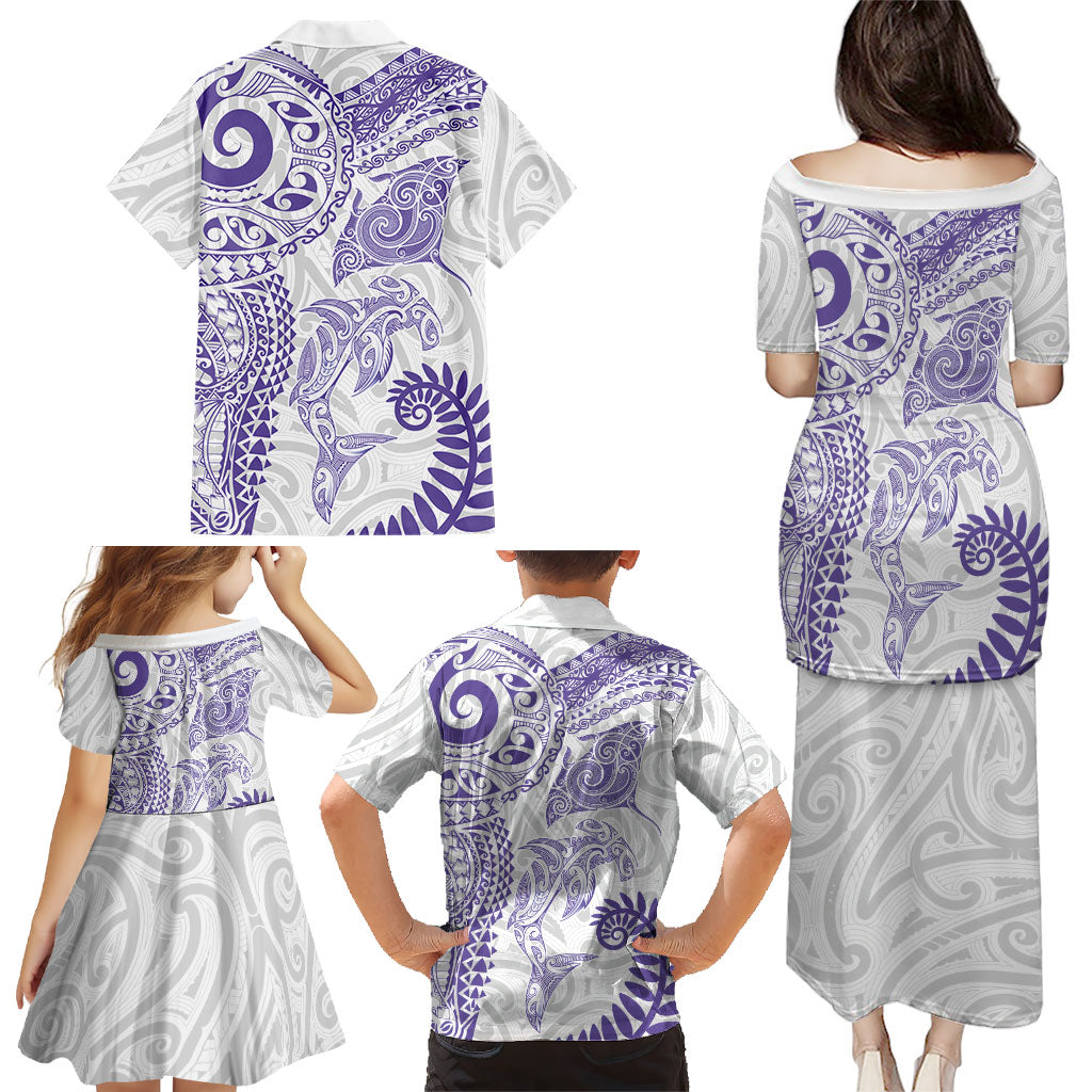 Aotearoa Maori Sea Animals Tribal Family Matching Puletasi and Hawaiian Shirt Manta Ray and Shark Moko Pattern Purple Color