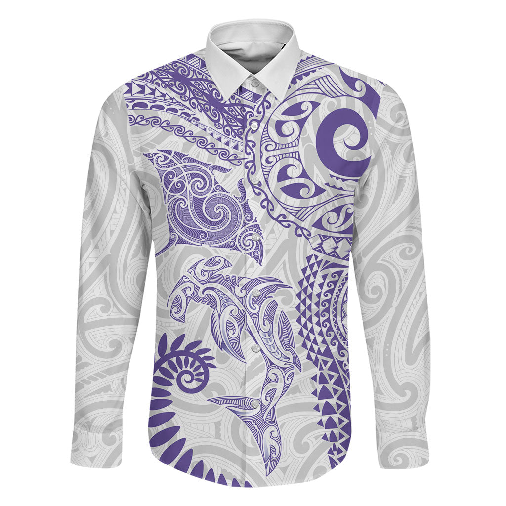 Aotearoa Maori Sea Animals Tribal Family Matching Puletasi and Hawaiian Shirt Manta Ray and Shark Moko Pattern Purple Color