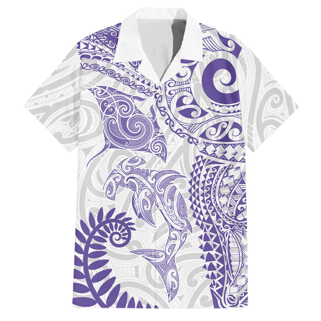 Aotearoa Maori Sea Animals Tribal Family Matching Short Sleeve Bodycon Dress and Hawaiian Shirt Manta Ray and Shark Moko Pattern Purple Color