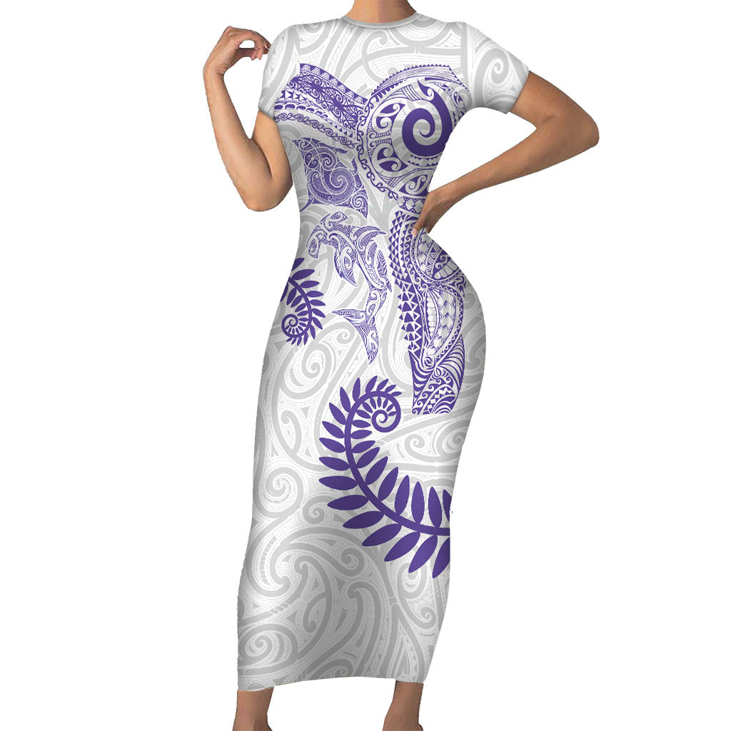Aotearoa Maori Sea Animals Tribal Family Matching Short Sleeve Bodycon Dress and Hawaiian Shirt Manta Ray and Shark Moko Pattern Purple Color