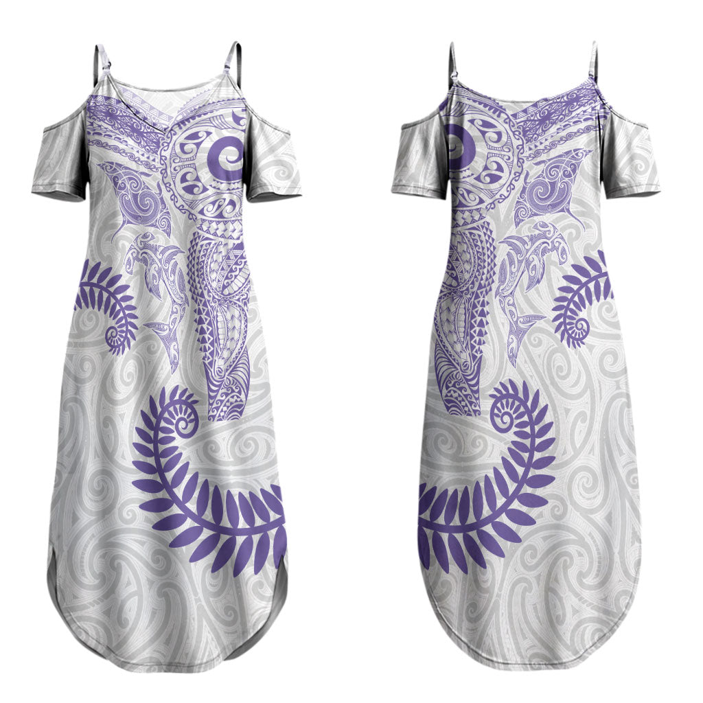 Aotearoa Maori Sea Animals Tribal Family Matching Summer Maxi Dress and Hawaiian Shirt Manta Ray and Shark Moko Pattern Purple Color LT03 Mom's Dress Purple - Polynesian Pride