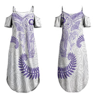 Aotearoa Maori Sea Animals Tribal Family Matching Summer Maxi Dress and Hawaiian Shirt Manta Ray and Shark Moko Pattern Purple Color LT03 Mom's Dress Purple - Polynesian Pride