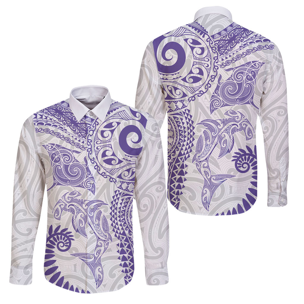 Aotearoa Maori Sea Animals Tribal Family Matching Summer Maxi Dress and Hawaiian Shirt Manta Ray and Shark Moko Pattern Purple Color LT03 Dad's Shirt - Long Sleeve Purple - Polynesian Pride