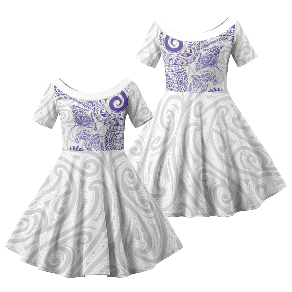 Aotearoa Maori Sea Animals Tribal Family Matching Summer Maxi Dress and Hawaiian Shirt Manta Ray and Shark Moko Pattern Purple Color LT03 Daughter's Dress Purple - Polynesian Pride