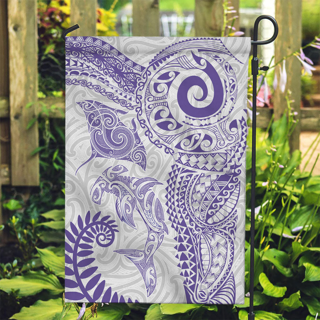 Aotearoa Maori Sea Animals Tribal Garden Flag Manta Ray and Shark Moko Pattern Purple Color