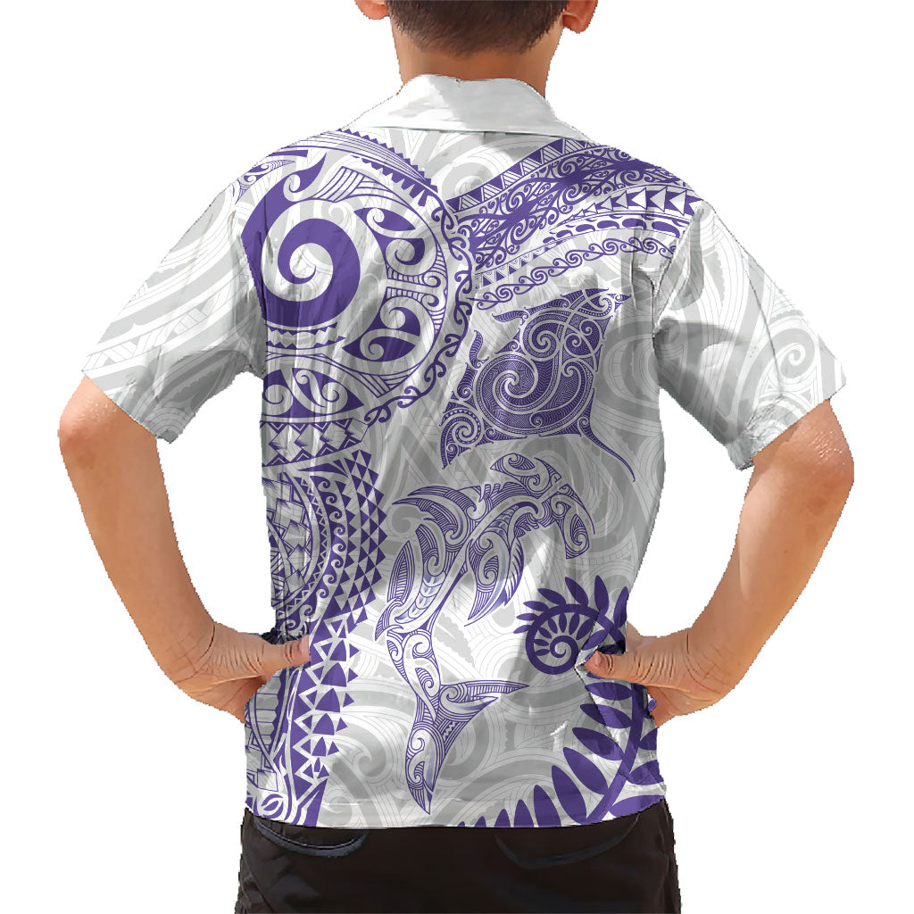 Aotearoa Maori Sea Animals Tribal Hawaiian Shirt Manta Ray and Shark Moko Pattern Purple Color