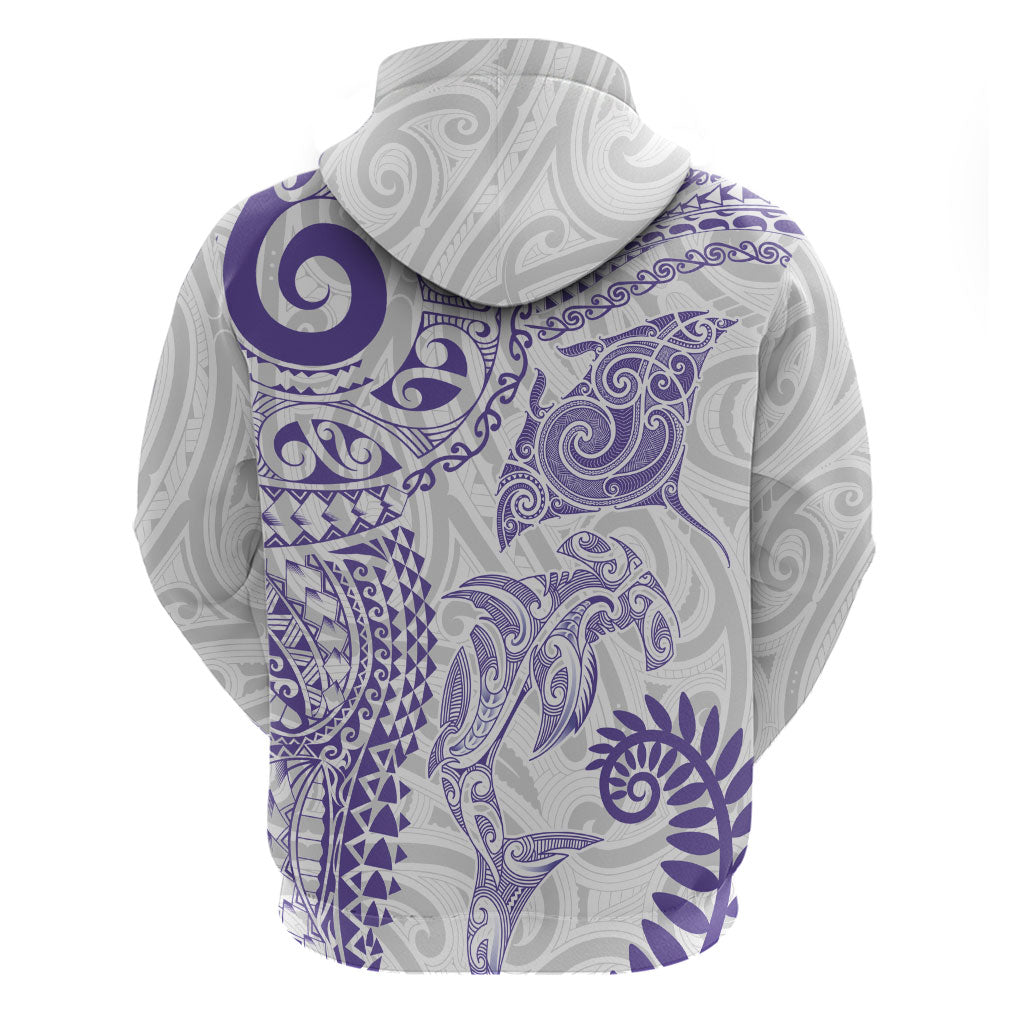 Aotearoa Maori Sea Animals Tribal Hoodie Manta Ray and Shark Moko Pattern Purple Color