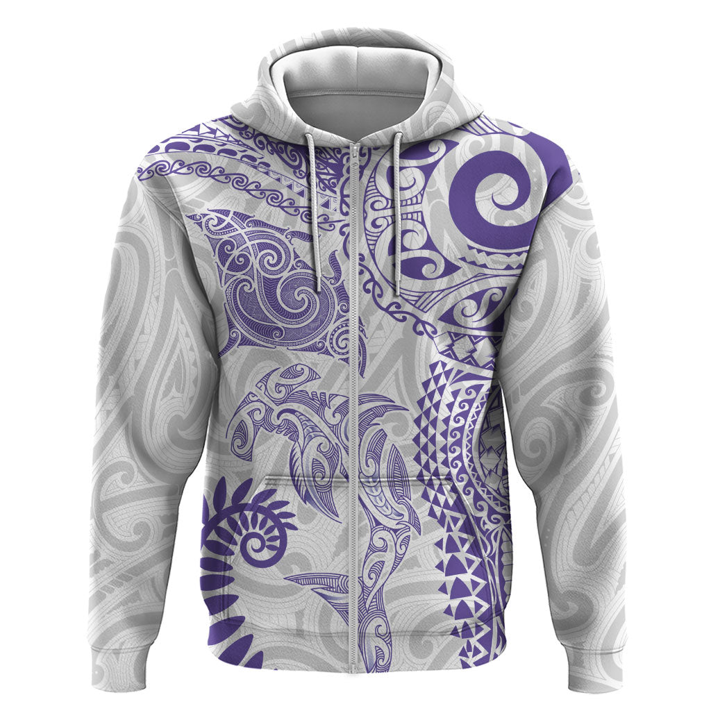 Aotearoa Maori Sea Animals Tribal Hoodie Manta Ray and Shark Moko Pattern Purple Color