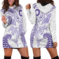 Aotearoa Maori Sea Animals Tribal Hoodie Dress Manta Ray and Shark Moko Pattern Purple Color