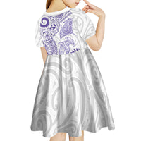 Aotearoa Maori Sea Animals Tribal Kid Short Sleeve Dress Manta Ray and Shark Moko Pattern Purple Color