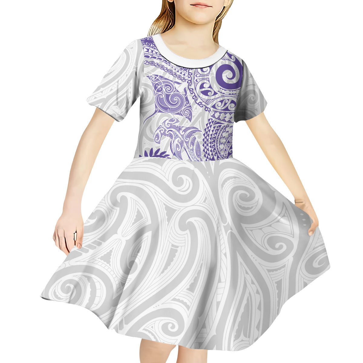 Aotearoa Maori Sea Animals Tribal Kid Short Sleeve Dress Manta Ray and Shark Moko Pattern Purple Color