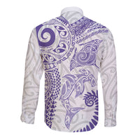 Aotearoa Maori Sea Animals Tribal Long Sleeve Button Shirt Manta Ray and Shark Moko Pattern Purple Color