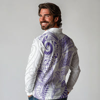 Aotearoa Maori Sea Animals Tribal Long Sleeve Polo Shirt Manta Ray and Shark Moko Pattern Purple Color