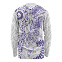 Aotearoa Maori Sea Animals Tribal Long Sleeve Shirt Manta Ray and Shark Moko Pattern Purple Color