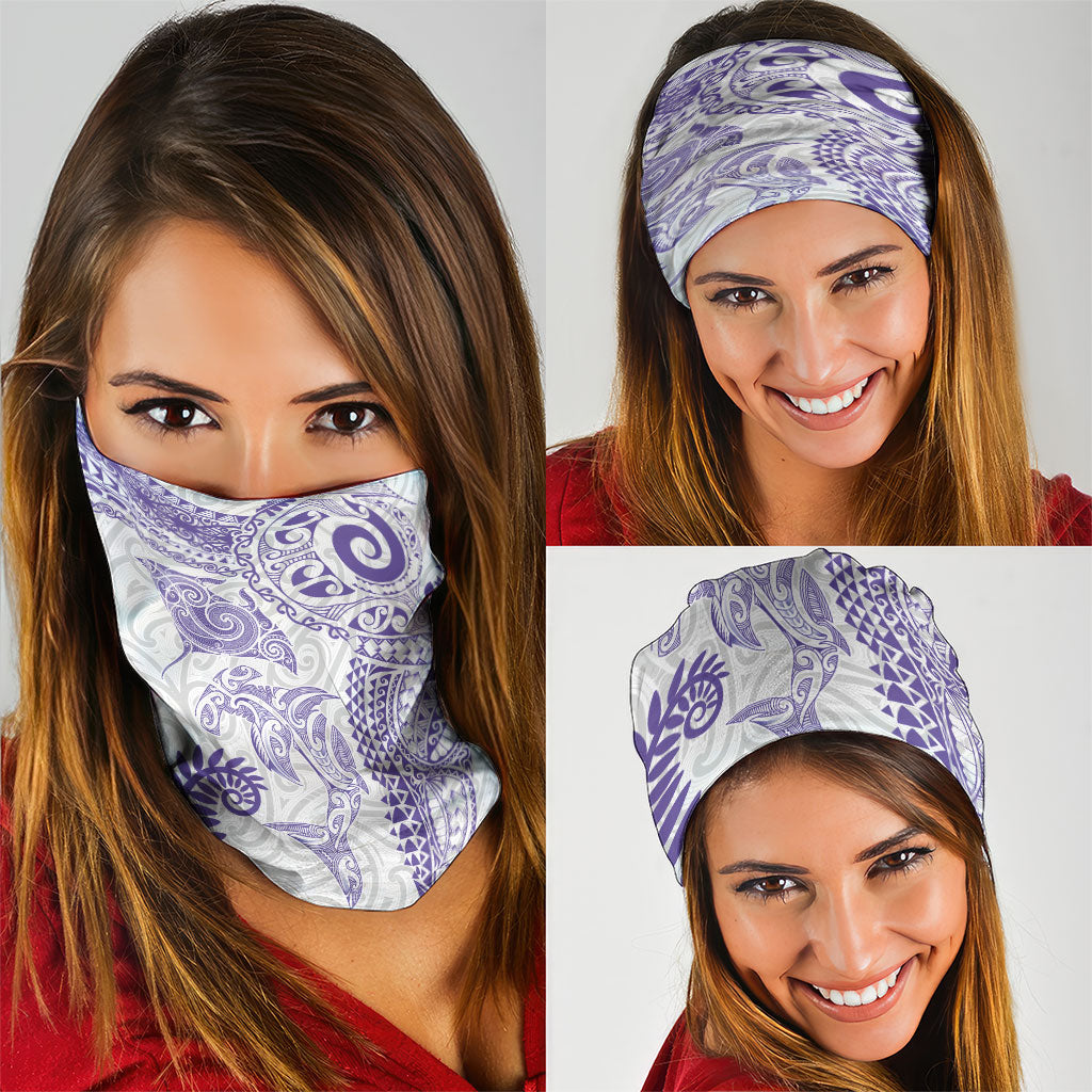 Aotearoa Maori Sea Animals Tribal Neck Gaiter Manta Ray and Shark Moko Pattern Purple Color