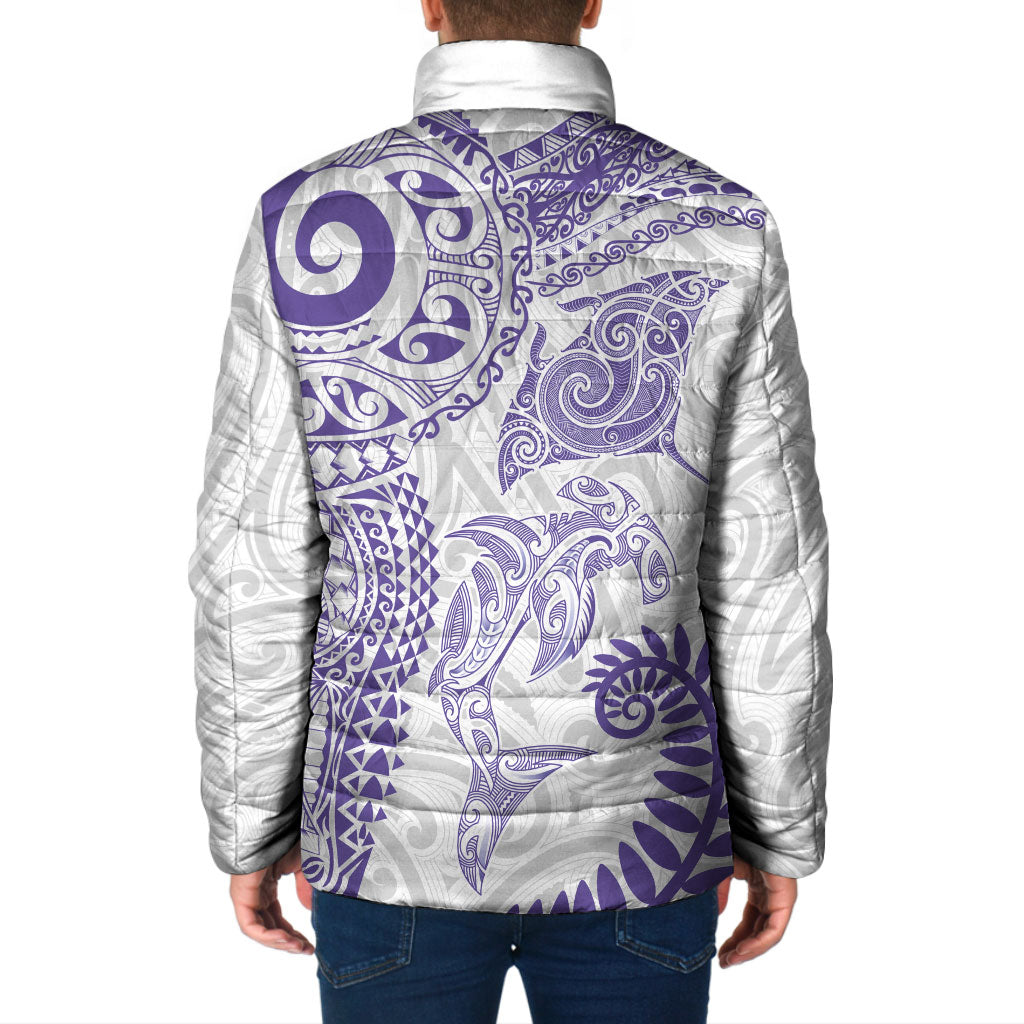 Aotearoa Maori Sea Animals Tribal Padded Jacket Manta Ray and Shark Moko Pattern Purple Color LT03 - Polynesian Pride
