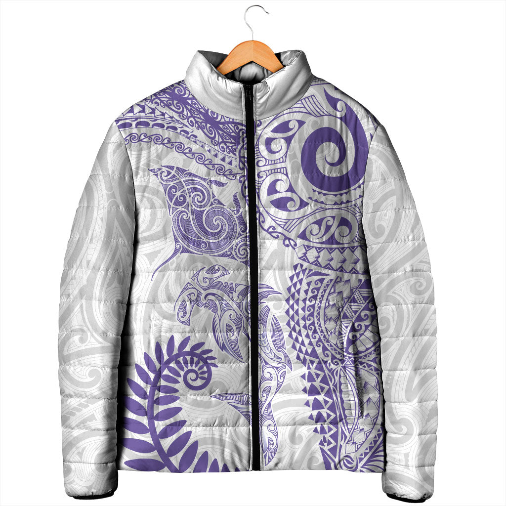 Aotearoa Maori Sea Animals Tribal Padded Jacket Manta Ray and Shark Moko Pattern Purple Color LT03 - Polynesian Pride