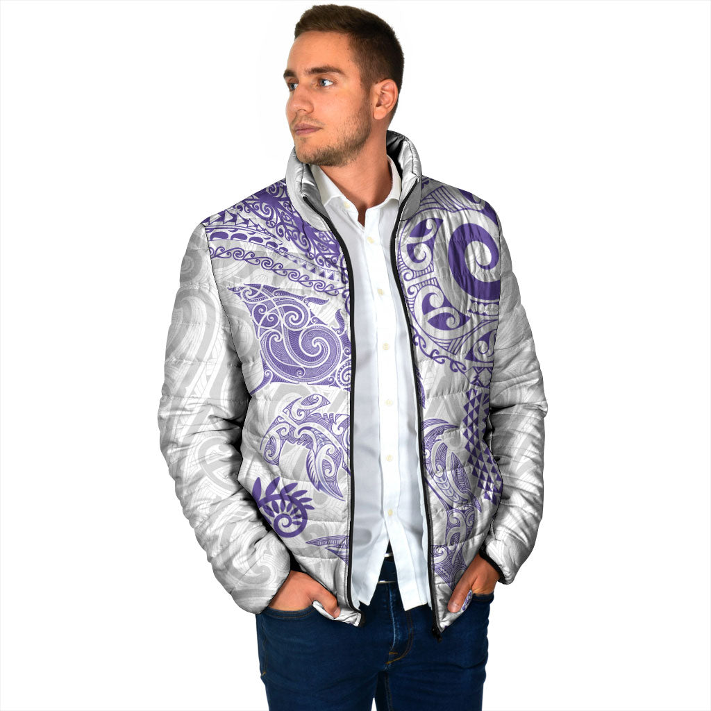 Aotearoa Maori Sea Animals Tribal Padded Jacket Manta Ray and Shark Moko Pattern Purple Color LT03 - Polynesian Pride