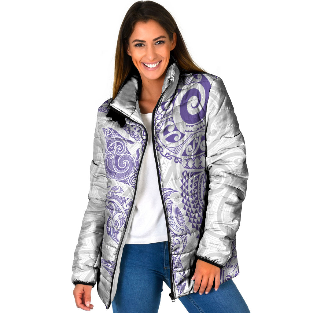 Aotearoa Maori Sea Animals Tribal Padded Jacket Manta Ray and Shark Moko Pattern Purple Color LT03 Women Purple - Polynesian Pride