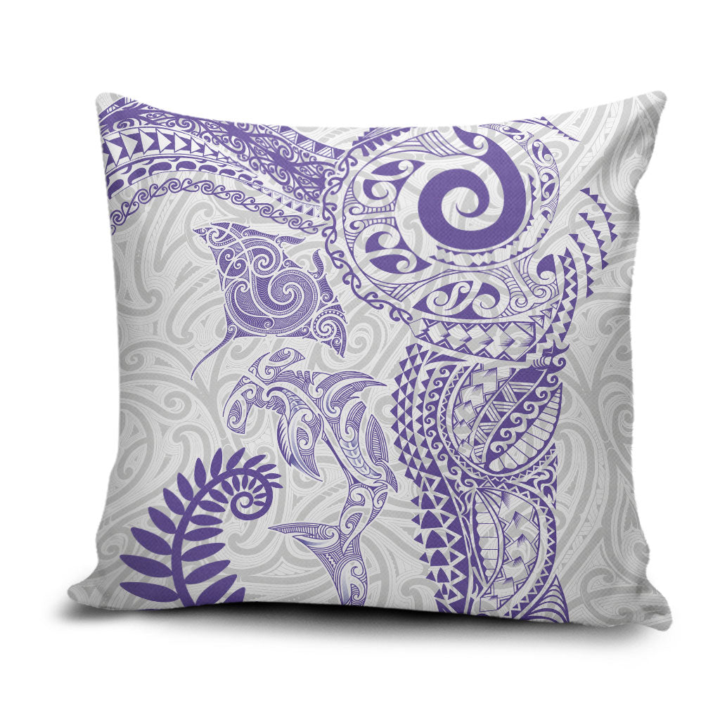 Aotearoa Maori Sea Animals Tribal Pillow Cover Manta Ray and Shark Moko Pattern Purple Color LT03 Purple - Polynesian Pride