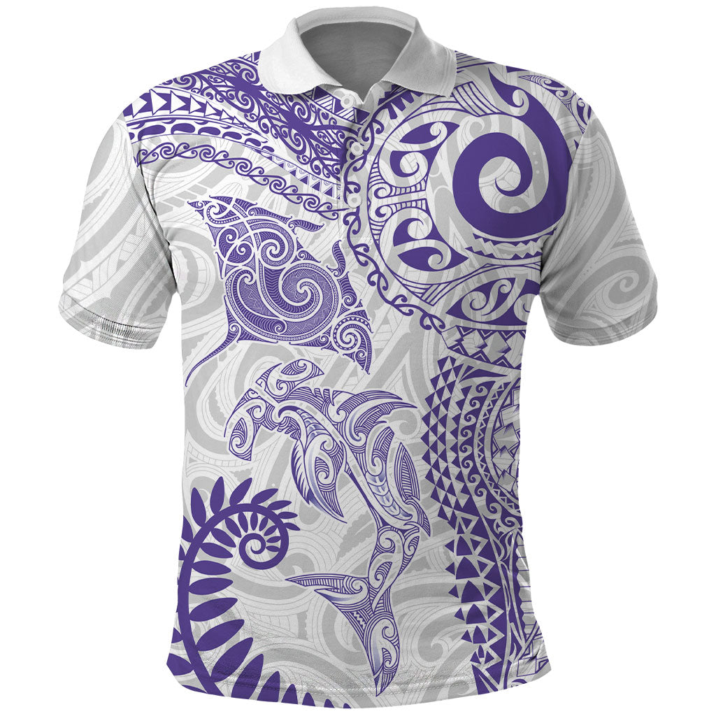 Aotearoa Maori Sea Animals Tribal Polo Shirt Manta Ray and Shark Moko Pattern Purple Color LT03 Purple - Polynesian Pride