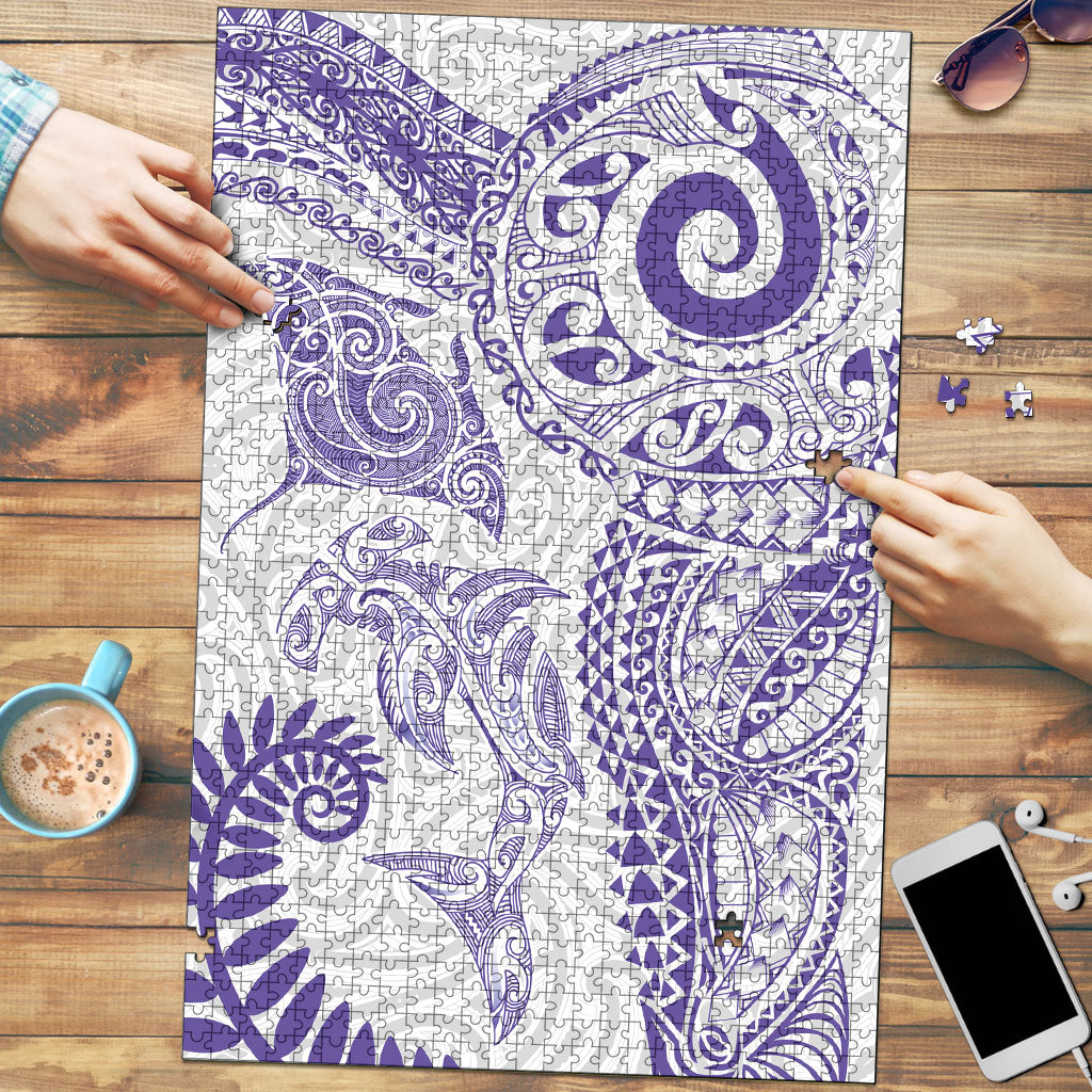 Aotearoa Maori Sea Animals Tribal Puzzle Manta Ray and Shark Moko Pattern Purple Color LT03 Purple - Polynesian Pride