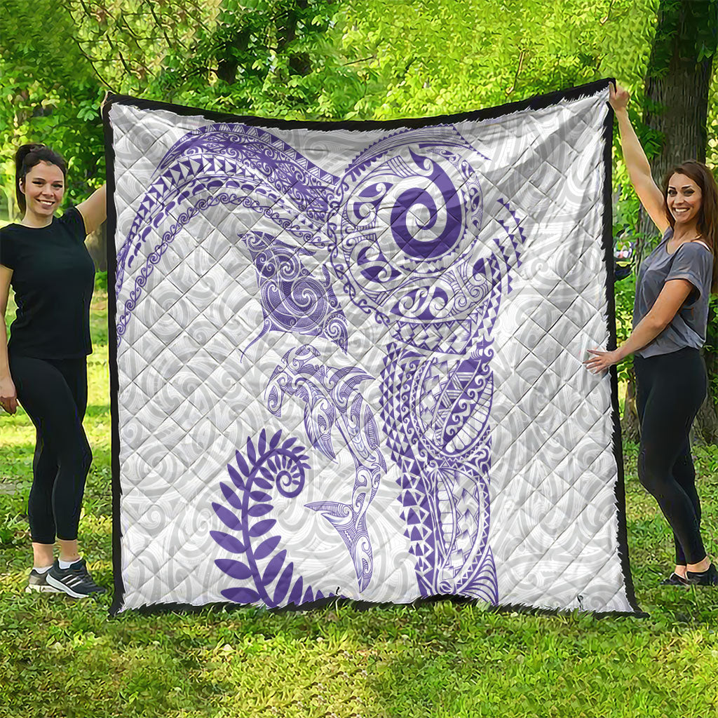 Aotearoa Maori Sea Animals Tribal Quilt Manta Ray and Shark Moko Pattern Purple Color