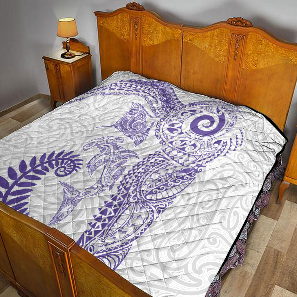 Aotearoa Maori Sea Animals Tribal Quilt Manta Ray and Shark Moko Pattern Purple Color