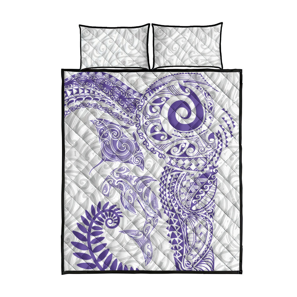 Aotearoa Maori Sea Animals Tribal Quilt Bed Set Manta Ray and Shark Moko Pattern Purple Color
