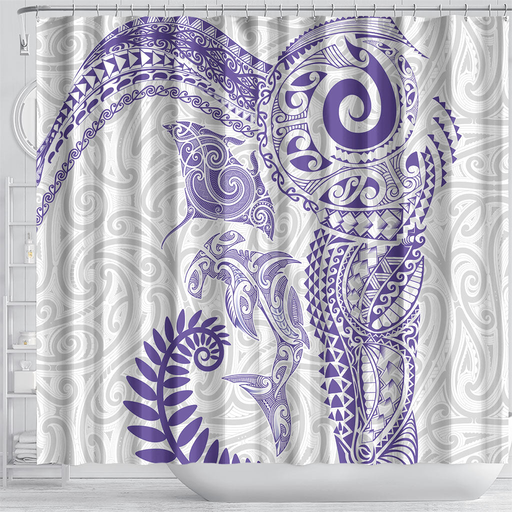 Aotearoa Maori Sea Animals Tribal Shower Curtain Manta Ray and Shark Moko Pattern Purple Color