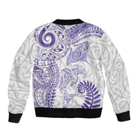 Aotearoa Maori Sea Animals Tribal Sleeve Zip Bomber Jacket Manta Ray and Shark Moko Pattern Purple Color
