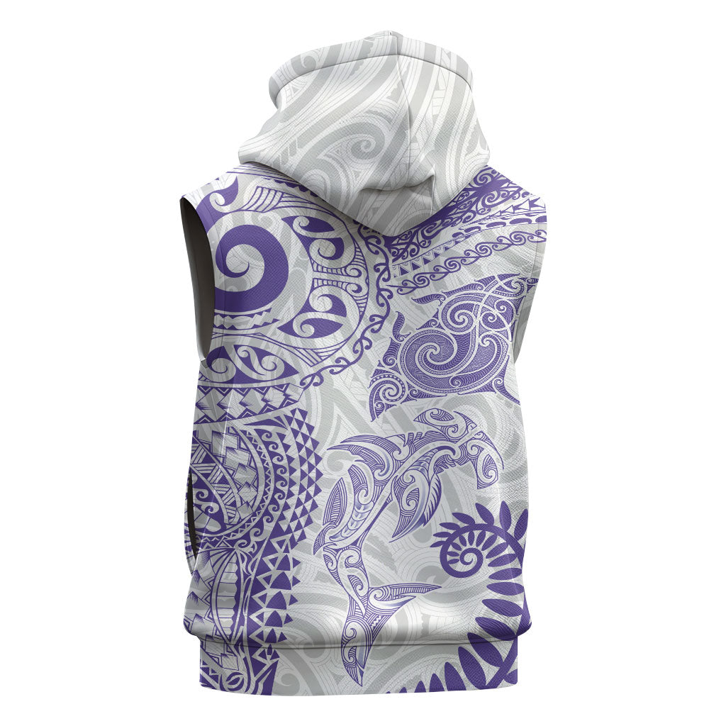 Aotearoa Maori Sea Animals Tribal Sleeveless Hoodie Manta Ray and Shark Moko Pattern Purple Color