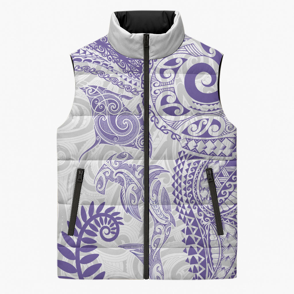 Aotearoa Maori Sea Animals Tribal Sleeveless Puffer Jacket Manta Ray and Shark Moko Pattern Purple Color