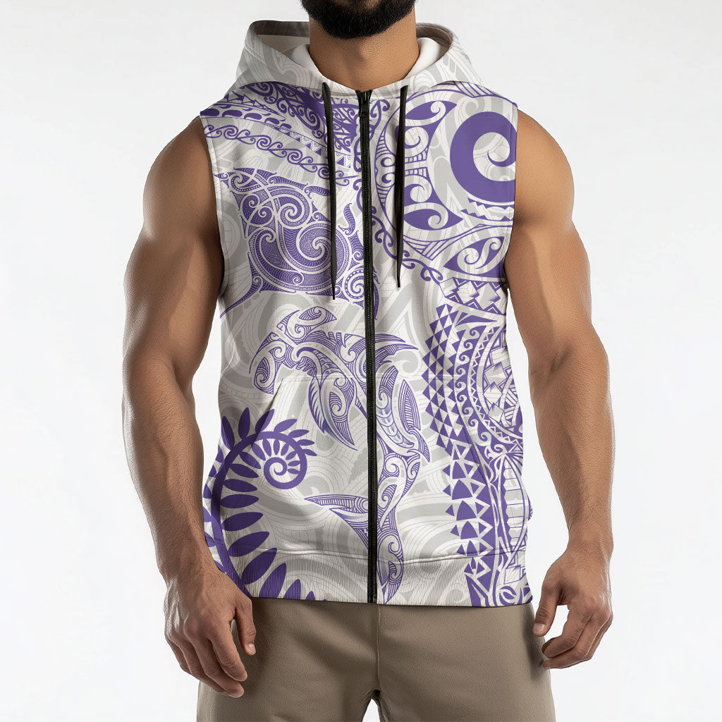 Aotearoa Maori Sea Animals Tribal Sleeveless Zip Hoodie Manta Ray and Shark Moko Pattern Purple Color