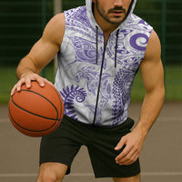 Aotearoa Maori Sea Animals Tribal Sleeveless Zip Hoodie Manta Ray and Shark Moko Pattern Purple Color