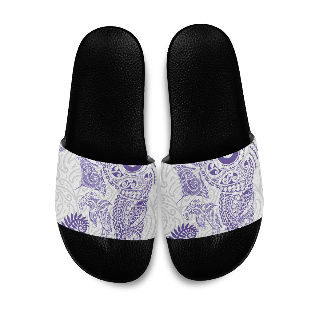 Aotearoa Maori Sea Animals Tribal Slide Sandals Manta Ray and Shark Moko Pattern Purple Color