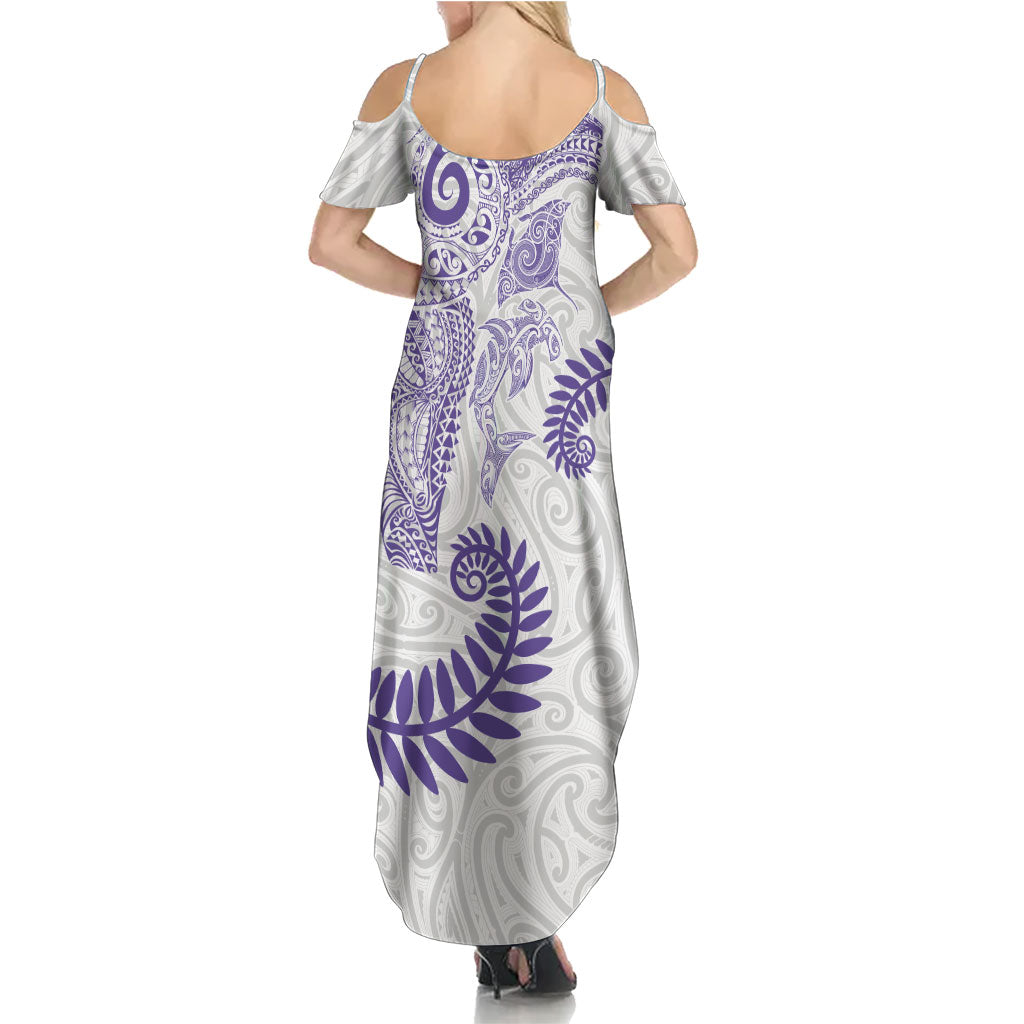 Aotearoa Maori Sea Animals Tribal Summer Maxi Dress Manta Ray and Shark Moko Pattern Purple Color